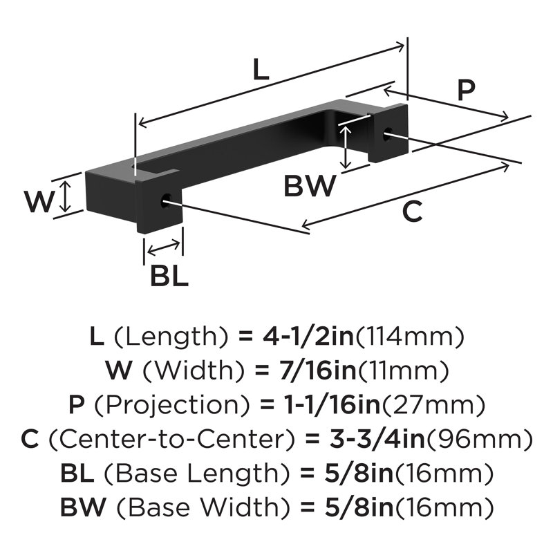 Bridgeport 3-3/4 inch (96mm) Center-to-Center Matte Black Cabinet Pull - 10 Pack, Matte Black