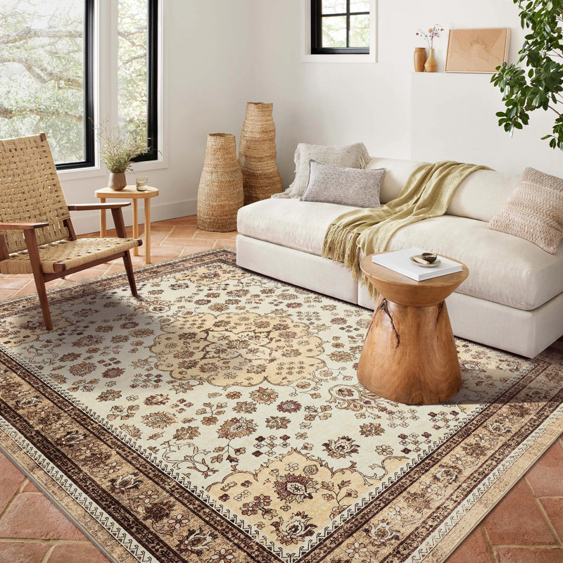 Vintage Washable Area Rug – Modern Low-Pile Soft Carpet, Non-Slip & Collapsible, Spot Resistant Floor Mat for Living Room & Bedroom, Indoor Outdoor,