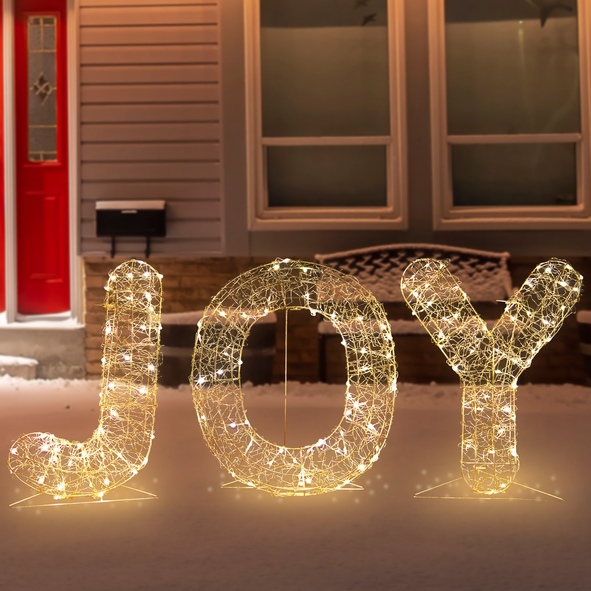 16" LED Twinkle Lighted Gold Metal Wire Joy Sign Outdoor Christmas Decoration