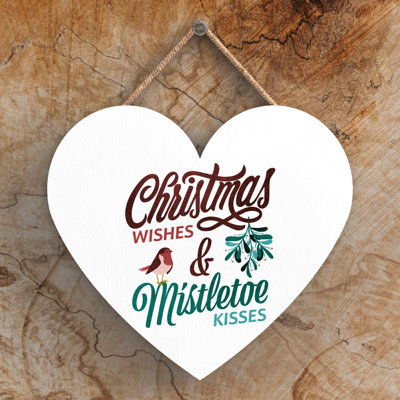 Wishes Kisses Wooden Heart Hanging Plaque