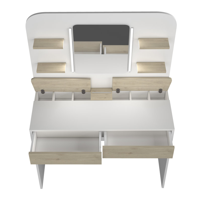 Marceline Kids Vanity Table with Mirror, Natural Oak/White