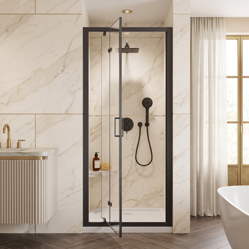 Porte de douche à cadre pivotant en aluminium noir mat l 30 po x H 72 po, boîtier en verre trempé transparent de 1/4 po avec poignée en acier inoxydable, installation réversible.
