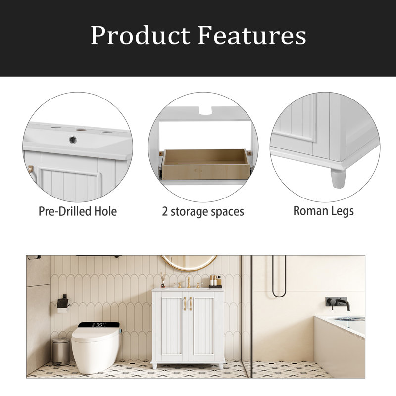 Meuble-lavabo de 30 po avec lavabo en céramique, ensemble de meuble-lavabo autoportant avec tiroir caché, armoire de rangement pour la salle de bain