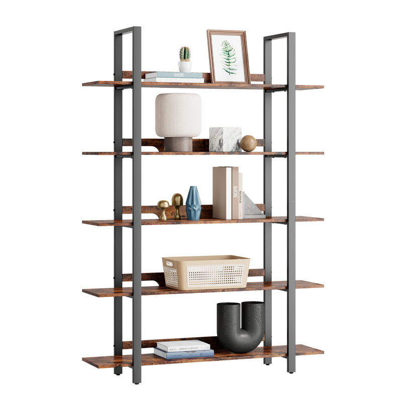 5-tier Industrial Bookshelf With Reinforced Back Baffle For Home Office, Rustic Brown