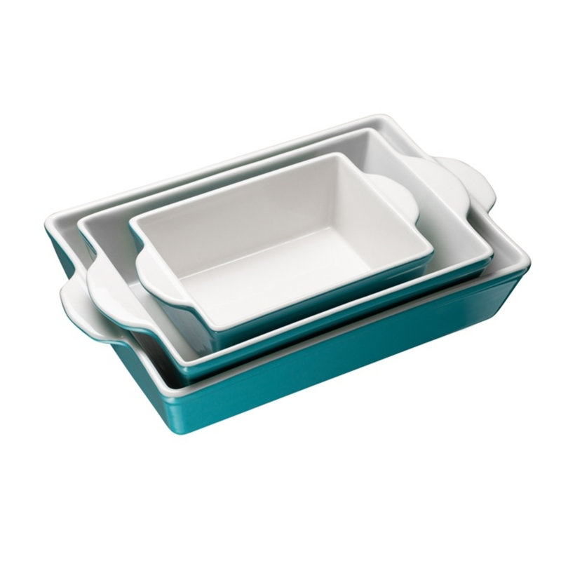 Kook Rectangle Ceramic 3 Piece Casserole Bakeware Set, Aqua