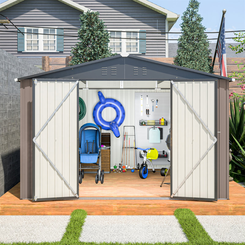 10' x 10' Brown Metal Garden Storage Shed with Double Doors