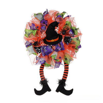 Couronne d'Halloween pour porte d'entrée - Couronne de maille artificielle sur le thème de la sorcière avec chapeau et pieds, parfaite pour la décoration extérieure; Convient pour Halloween, l'Action de grâce et l'automne