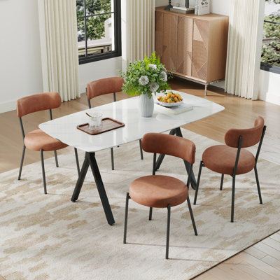 Ensemble de salle à manger moderne 5/7 pièces, table en verre trempé à motif X-Marble et chaises en peluche 4/6 Design compact pour une salle à manger et une cuisine compactes