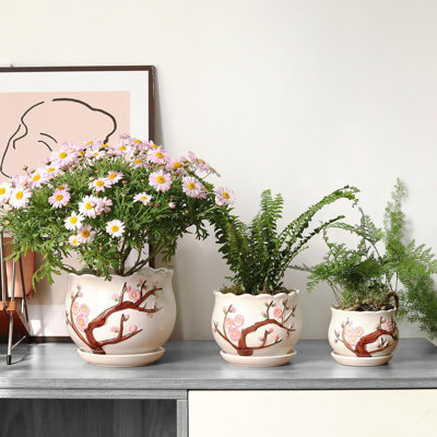 Pots de plantes en céramique avec trous de drainage et soucoupes, petits pots de fleurs, pots de fleurs ronds peints à la main pour plante d'intérieur, pot de plantes grasses décoratives rétro (blanc / ensemble de 3)