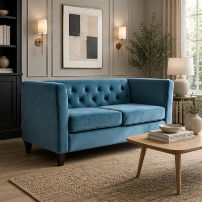 Button Tufted Velvet 3-Seater Sofa, Square Arm Upholstered Couch with Tapered Wood Legs, Mid-Century Tufted Large Sofa Furniture for Living Room