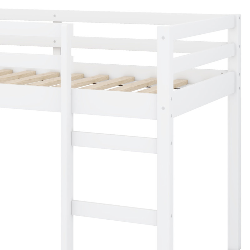 Solid Wood Bed Frame With Ladder, Wood Slat Support, White