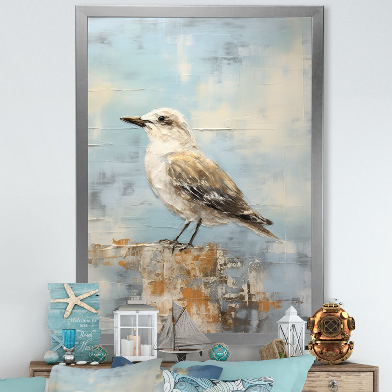 Beige et bleu mouette tranquillité sur toile, H 32 po x l 16 po x P 1 po, Cadre simple argenté