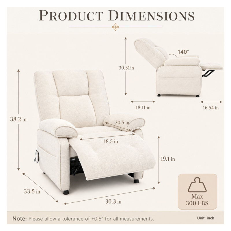Fauteuil inclinable électrique beige en chenille avec dossier capitonné et commande filaire