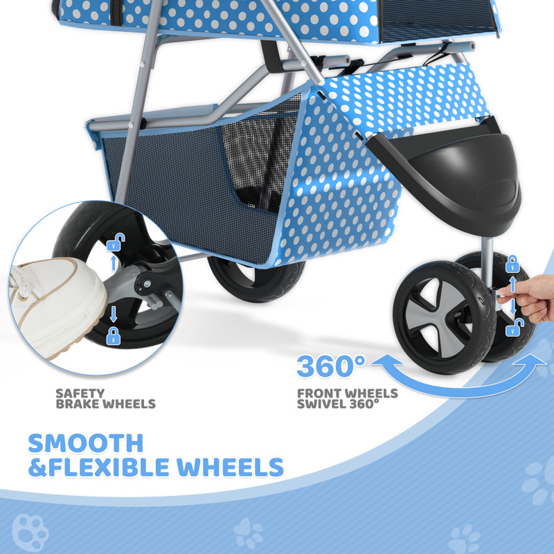 Sky Blue Polka Dot Foldable Pet Stroller with Storage