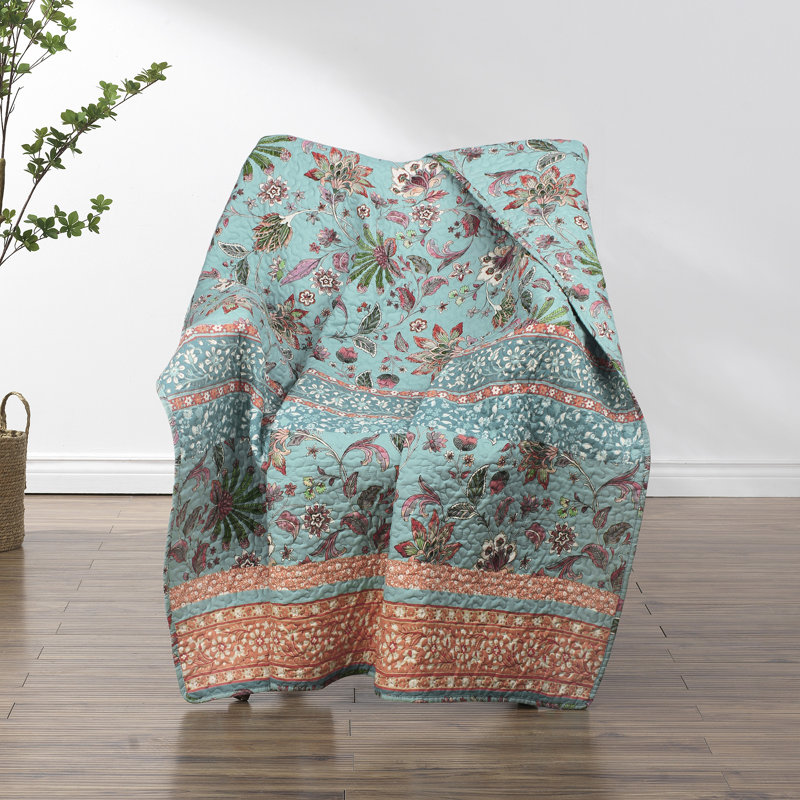 Turquoise and Coral Floral Quilted Reversible Throw Blanket
