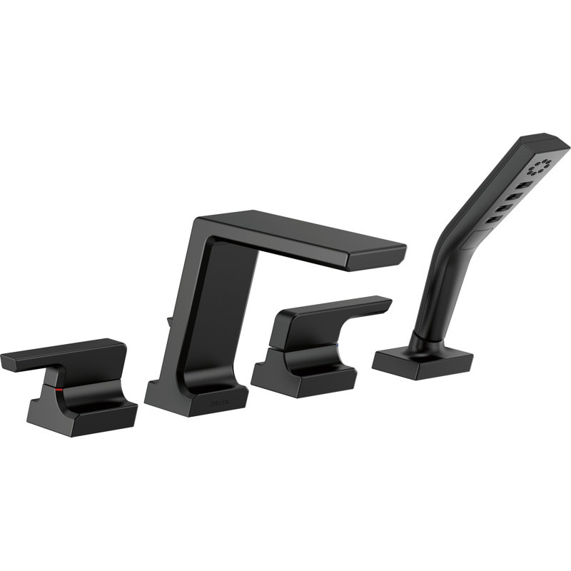 Pivotal Double Handle Deck Mounted Roman Tub Faucet Trim with Handshower, Matte Black