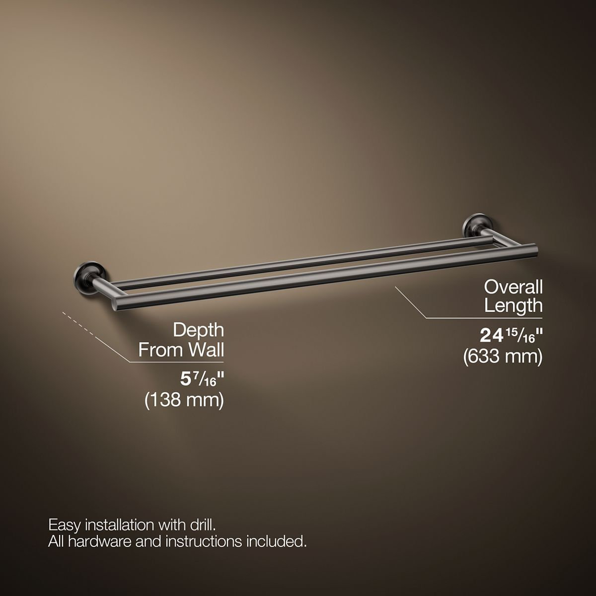 Purist Double 24" Wall Mounted Towel Bar, Vibrant Titanium