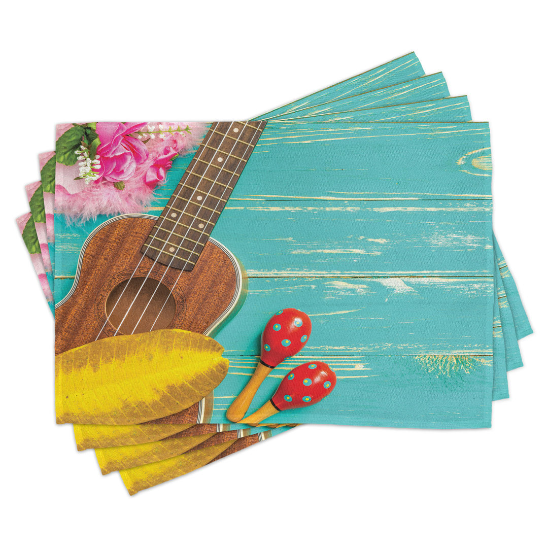 Platzdeckchen 4er Set, Hawaiian Summer Ukulele, Gelb Braun Aqua