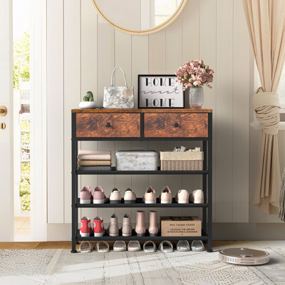 Range-chaussures, range-chaussures à 4 niveaux avec 2 tiroirs, étagère à chaussures pour 9 à 12 paires de chaussures, avec 3 tablettes et dessus en tissu, support à chaussures pour vestibule
