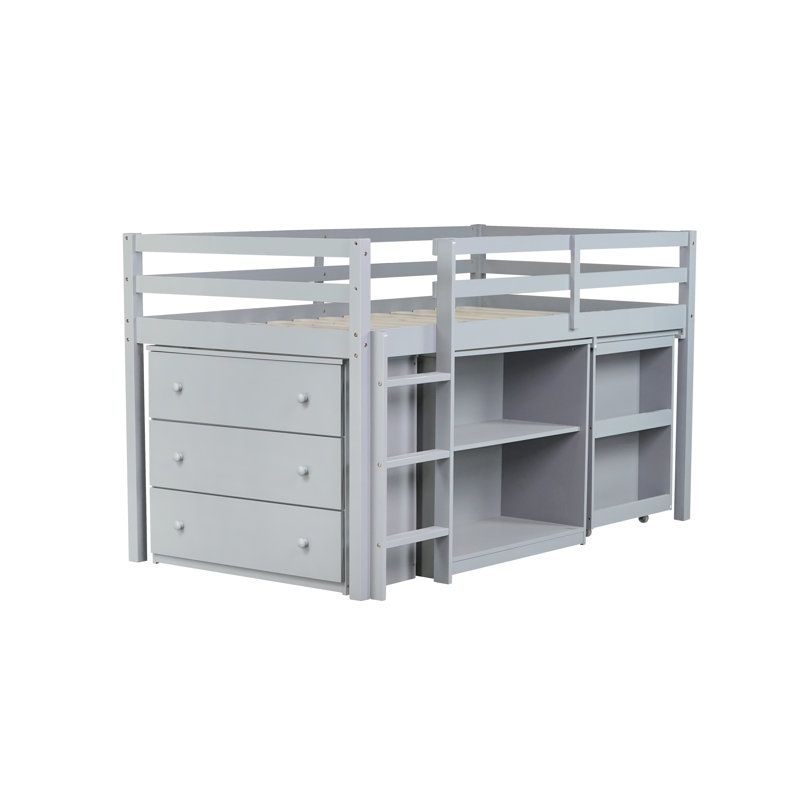 Lit mezzanine simple avec bureau coulissant et armoires de rangement, Gris