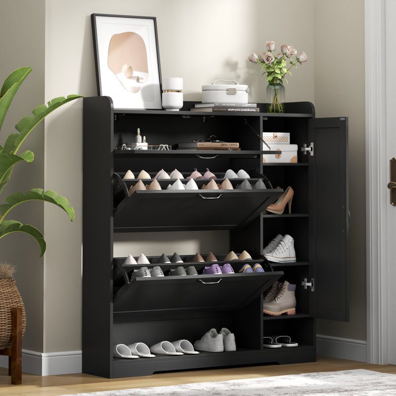 Armoire à chaussures avec 2 tiroirs rabattables, range-chaussures autoportant avec armoire latérale, Noir, noir, noir, noir