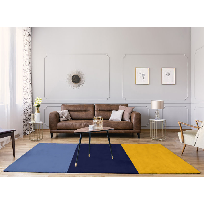 Tapis à rayures bleu/bleu marine/jaune, Rectangle 9 pi x 12 pi
