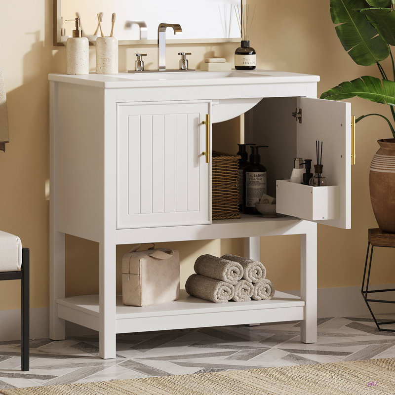 Meuble-lavabo de 30 pouces avec lavabo en céramique et rangement polyvalent - idéal pour les petites salles de bain, Blanc