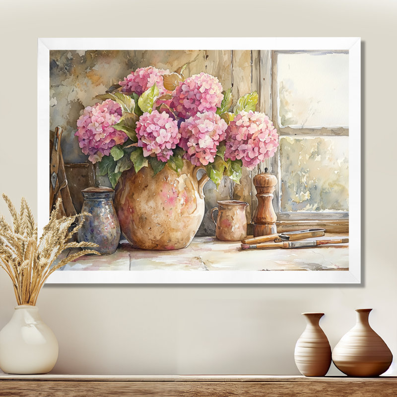 Dokken hortensias sur le comptoir de cuisine II - hydrangées, art mural, Impression d'un seul cadre photo, H 34 po x l 44 po