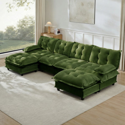 138" U-Shaped Modular Sofa - Chenille, 2 Ottomans, Deep Seat - Green