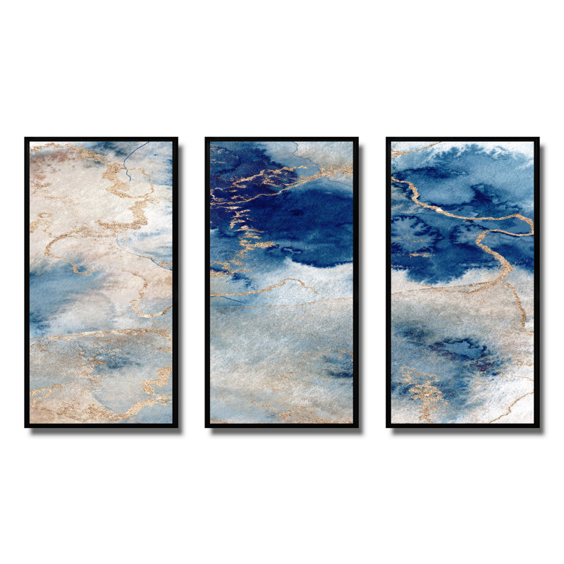 «Blue and Gold Marble Clouds III», reproduction de cadre flottant sur toile 3 pièces, Cadre noir, H 20 po x l 36 po x P 1 po