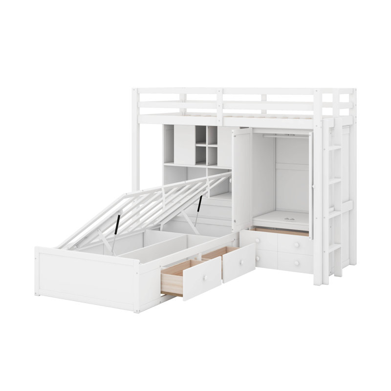 Lit superposé simple avec tiroirs, garde-robe, tablettes et hydraulique, Blanc