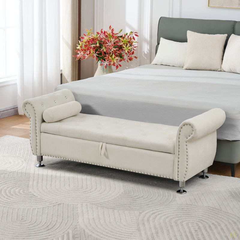 Banc de rangement en velours de 62,2 pouces avec boutons en cristal et 1 coussin pour la chambre à coucher et le salon