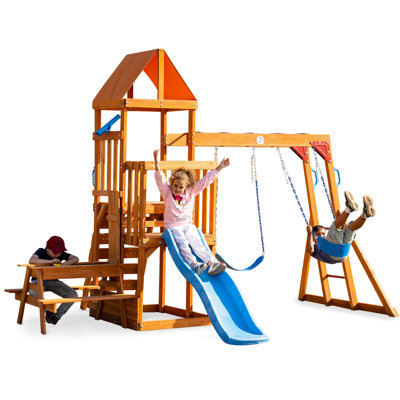 Dolphin Playground Cedar Wooden Swing Set With Monkey Bars, 2-In-1 Table & Wave Slide – Outdoor Backyard Playset For Kids