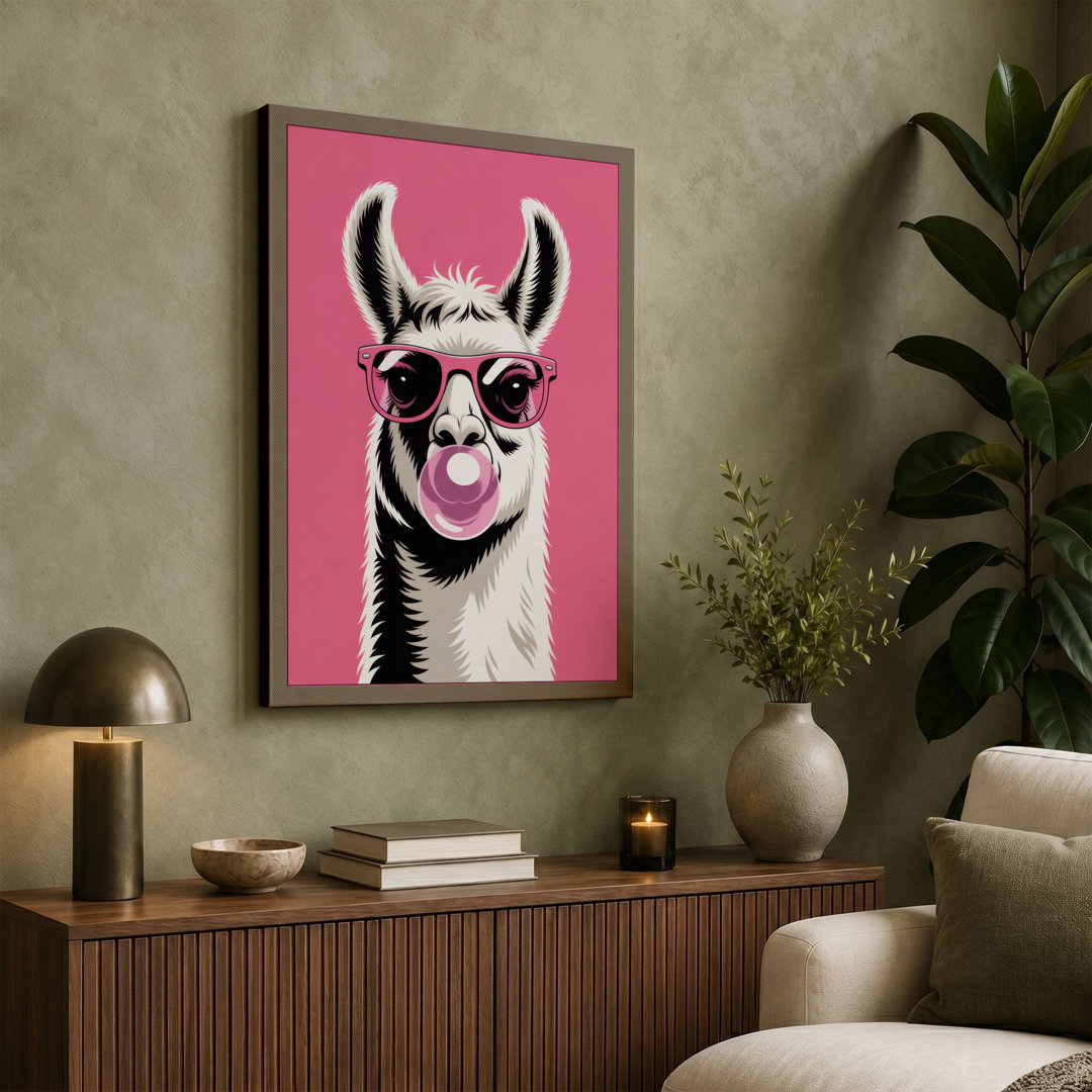 Llama Bubble Gum Modern - Wrapped Canvas