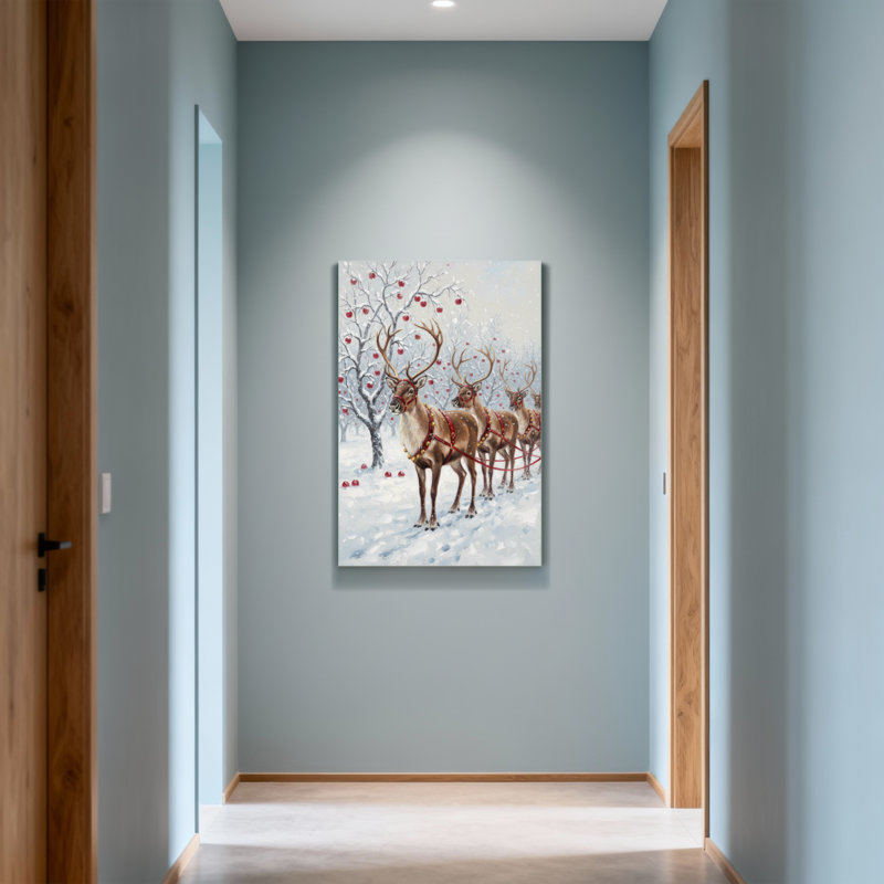 Animals Reindeer Pulling Sleigh In Snowy Forest