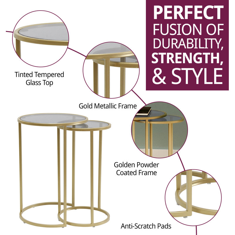 Blanton Glass Top Frame Nesting Tables, Grey/Gold