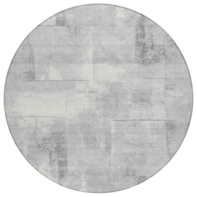 8' Gray And Silver Round Geometric Washable Indoor Outdoor Area Rug