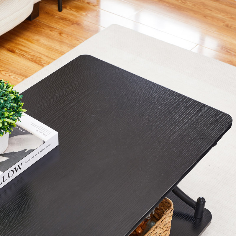 Kempst Coffee Table with Storage Shelf, Rustic Farmhouse Black Cocktail Table with Metal Frame, 2-Tier Wood and Metal Frame Accent Table for Living Room, Apartment, or Small Spaces