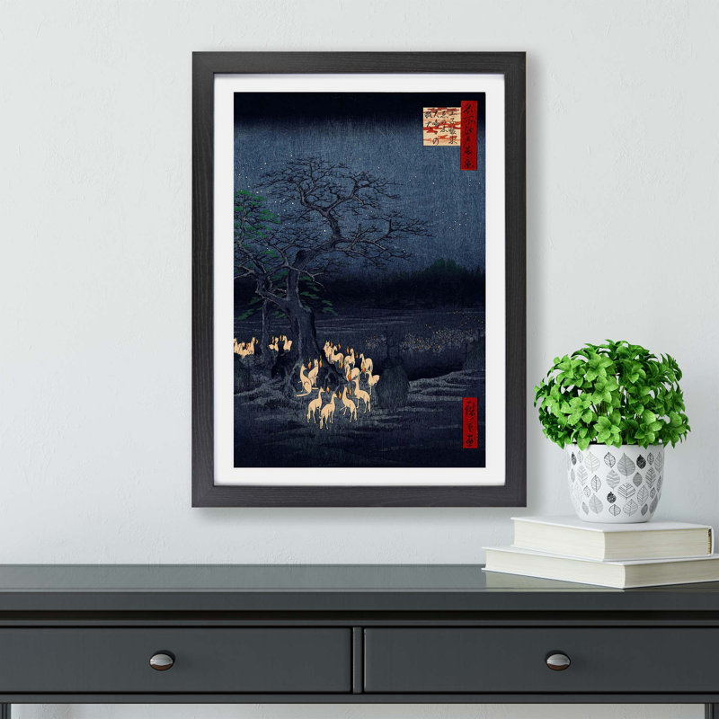 New Years Eve Foxfires by Utagawa Hiroshige - Single Picture Frame Painting, 33cm H x 45cm W x 2cm D, Black