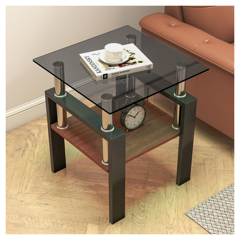 Ensemble de 2 tables de bout modernes en verre trempé avec tablette en panneau de fibres à densité moyenne et tables d'appoint carrées pour le salon