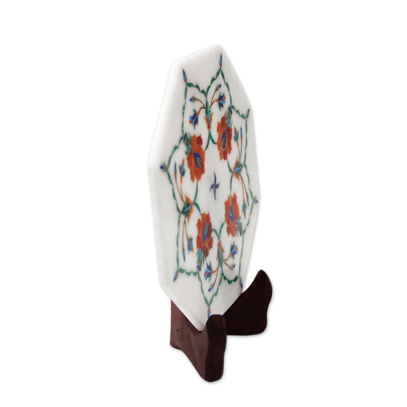 Round Floral Inlay White Marble Decorative Plate with Stand