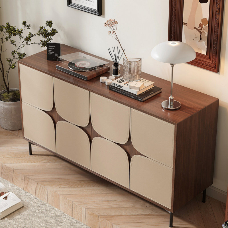 Buffet de cuisine rétro, H 33,46 po x l 55,12 po x P 15,75 po, Kaki clair / noyer