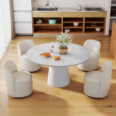 Ensemble de table de salle à manger de style campagnard rond 47 po avec chaises pivotantes en lin 4/6, moderne pour la cuisine et le salon