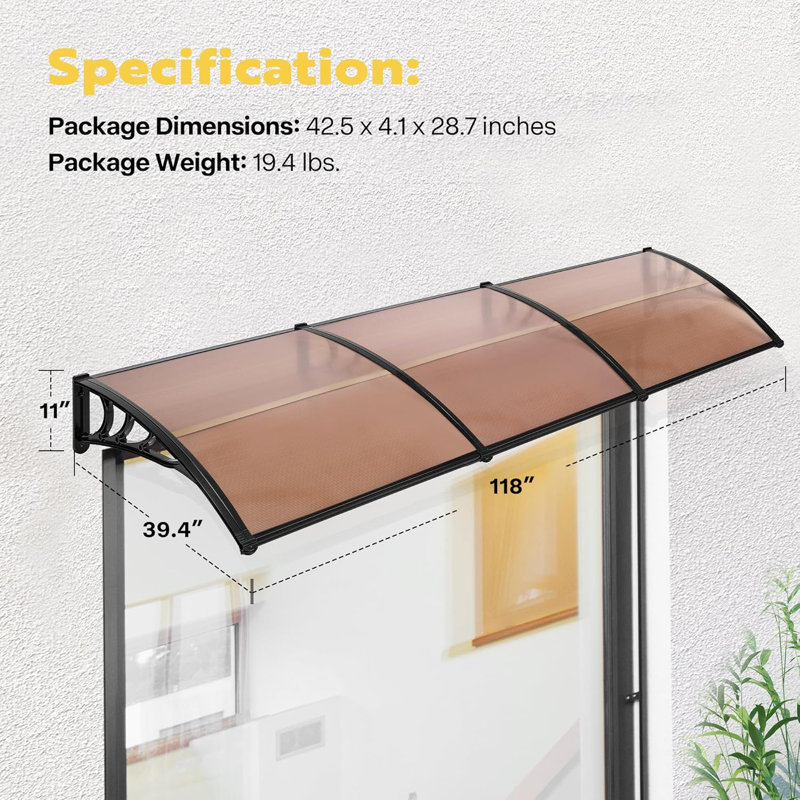 Polycarbonate Window Door Awning Spliced Canopy Bracket, Brown, 11" H x 118" W x 40" D