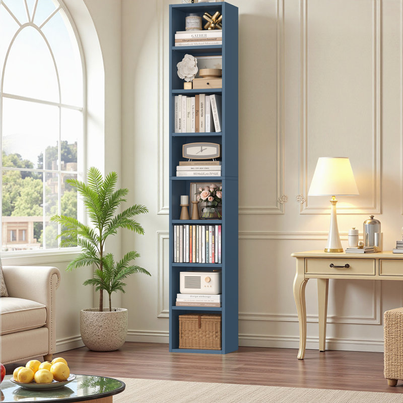 Gracyn 8-Tier Narrow Bookshelf With Adjustable Shelves, Blue, 1