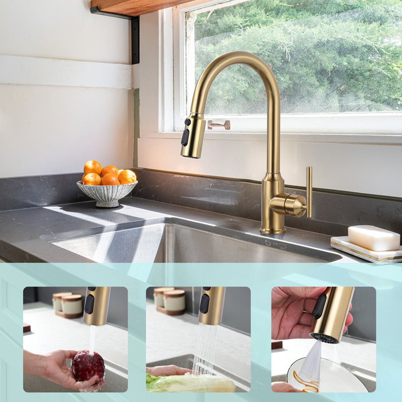 3-Function Pull Down Kitchen Faucet Spray Head Replacement with 9-Adapter Kit, Gold