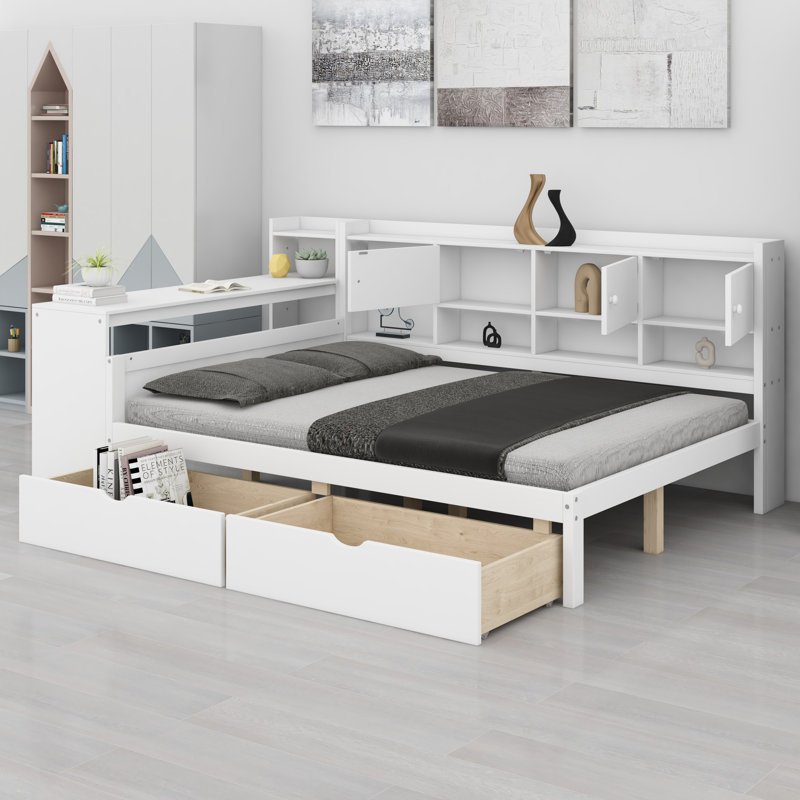 Multi-Functional L-Shaped Daybed Featuring Two Drawers, Desk and Bookshelf, White