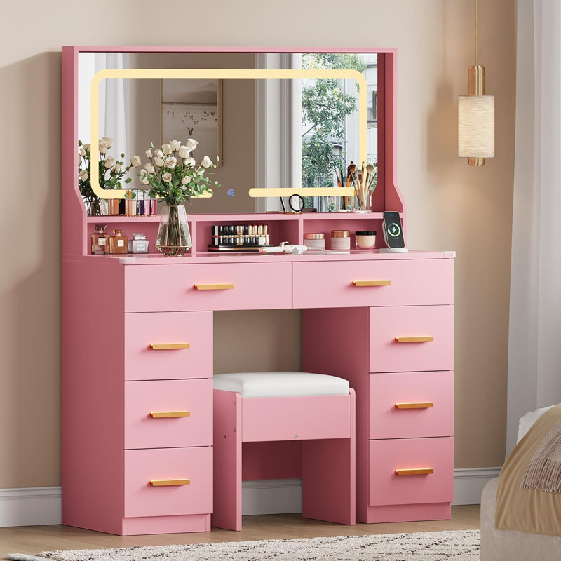 Makeup Vanity Desk Set with LED Mirror and Stool, Wood Frame with Glass Top, 8 Drawers, Built-In Power Outlets and USB Ports, Modern Style for Bedroom