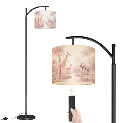 Lampe sur pied à arc avec abat-jour réglable, scène de jungle pastel douce, girafe, éléphant, flamant rose, lampe sur pied, 3 couleurs, intensité variable, grand pôle avec interrupteur au pied pour la chambre à coucher