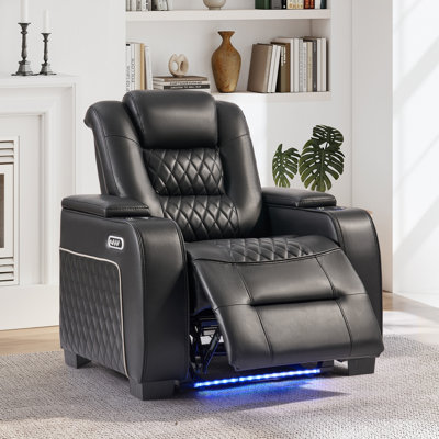 38" Wide Modern Faux Leather Electric Recliner Home Theater Seating With Power Headrest, LED Base Lighting, Cup Holders & USB Charging